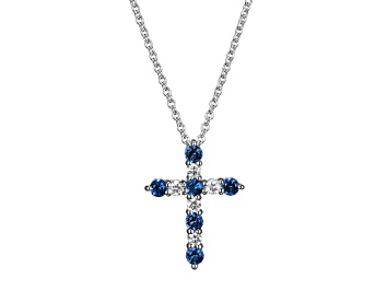Picture of Blue Lab Created Sapphire Rhodium Over Sterling Silver Cross Necklace 0.45ctw