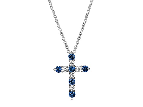 Blue Lab Created Sapphire Rhodium Over Sterling Silver Cross Necklace 0.45ctw