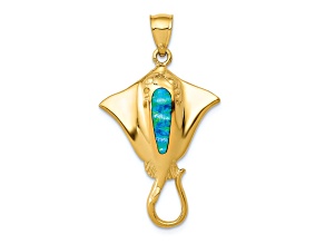 14k Yellow Gold Polished Lab Created Blue Opal Stingray Pendant