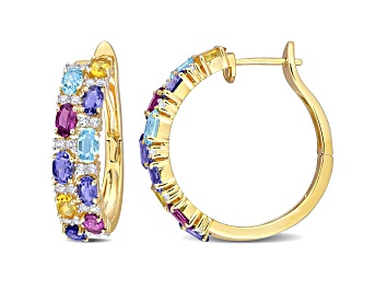 Picture of 6.17ctw Rhodolite, Iolite, Citrine and Topaz Hoops in 10K Yellow Gold Over Sterling Silver