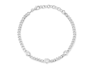 Sterling Statements Rhodium Over Sterling Silver Heart Cubic Zirconia Station Curb Bracelet