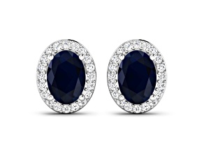 Blue Sapphire and White Diamond 14K White Gold Halo Stud Earrings