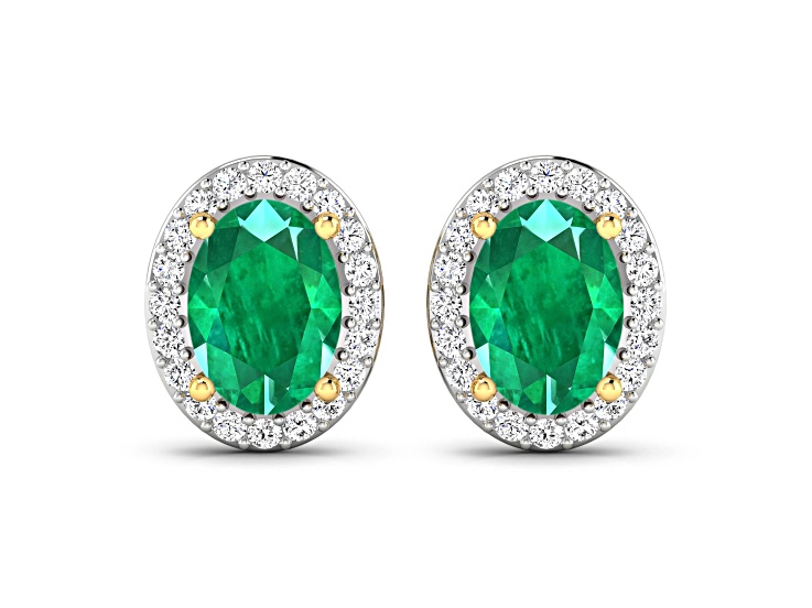 Zambian Green Emerald and Diamond 14K Yellow Gold Halo Stud Earrings