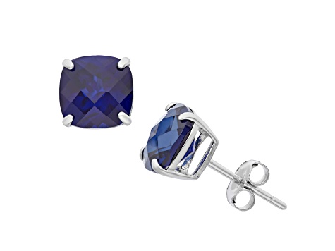 Square Cushion Lab Created Blue Sapphire Sterling Silver Stud Earrings 4.60ctw