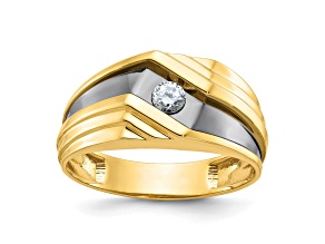 10K Yellow Gold with Black Rhodium Men's Polished and Grooved Diamond Ring 0.15ctw