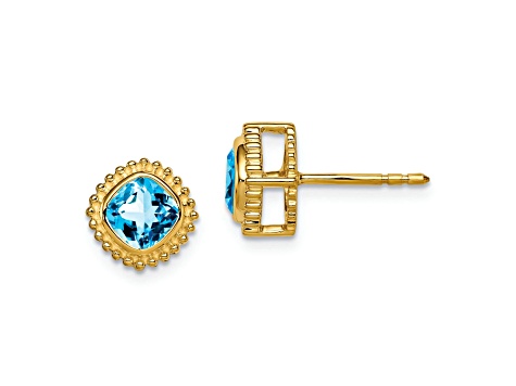 10k Yellow Gold 8.2mm 1.4ctw Cushion Blue Topaz December Birthstone Stud Earrings
