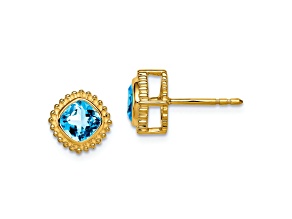 10k Yellow Gold 8.2mm 1.4ctw Cushion Blue Topaz December Birthstone Stud Earrings