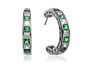 Emerald Green Cubic Zirconia, Rhodium Plated over Sterling Silver Hoop Earrings