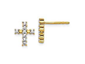 14K Yellow Gold and Rhodium Over 14K Yellow Gold Polished Diamond Cross Stud Earrings