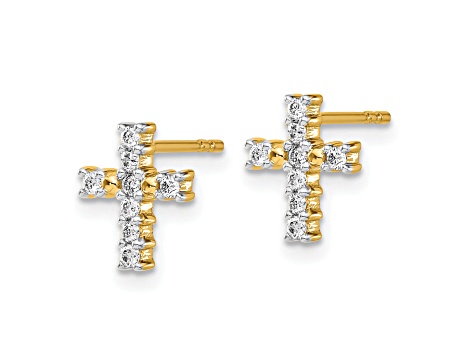 14K Yellow Gold and Rhodium Over 14K Yellow Gold Polished Diamond Cross Stud Earrings