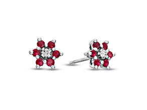 0.58ctw Ruby and Diamond Flower Cluster Earrings in 14k White Gold