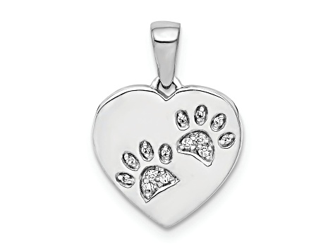 Rhodium Over 14K White Gold Diamond Paw Prints Heart Pendant