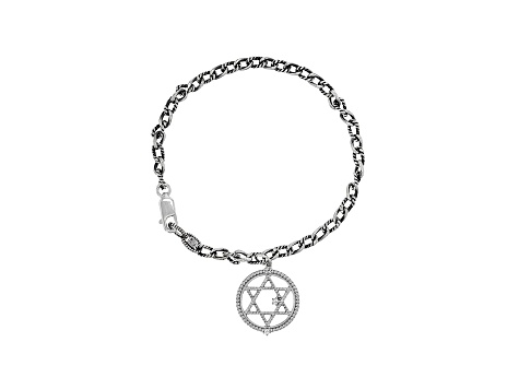 Judith Ripka Rhodium over Sterling Silver Textured Curb Chain Bracelet with Star of David Charm