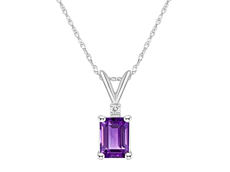 7x5mm Emerald Cut Amethyst with Diamond Accent 14k White Gold Pendant With Chain