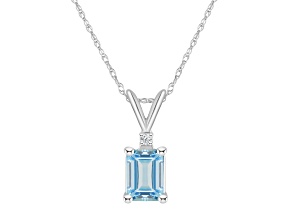 7x5mm Emerald Cut Aquamarine with Diamond Accent 14k White Gold Pendant With Chain