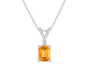 7x5mm Emerald Cut Citrine with Diamond Accent 14k White Gold Pendant With Chain