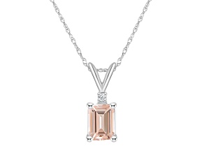 7x5mm Emerald Cut Morganite with Diamond Accent 14k White Gold Pendant With Chain
