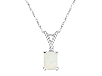 Picture of 7x5mm Emerald Cut Opal with Diamond Accent 14k White Gold Pendant With Chain