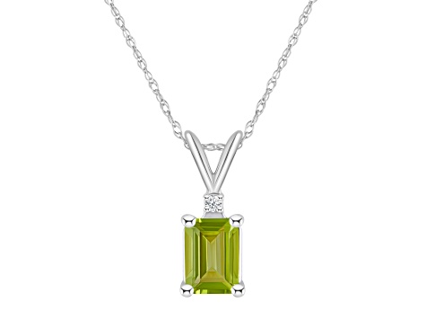 7x5mm Emerald Cut Peridot with Diamond Accent 14k White Gold Pendant With Chain