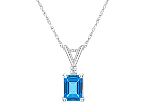 7x5mm Emerald Cut Blue Topaz with Diamond Accent 14k White Gold Pendant With Chain