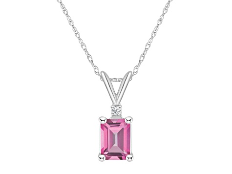 7x5mm Emerald Cut Pink Topaz with Diamond Accent 14k White Gold Pendant With Chain