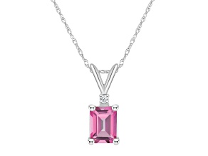 7x5mm Emerald Cut Pink Topaz with Diamond Accent 14k White Gold Pendant With Chain
