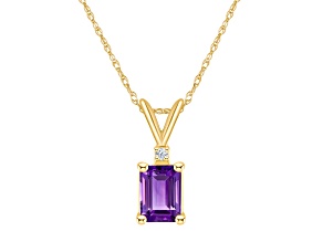 7x5mm Emerald Cut Amethyst with Diamond Accent 14k Yellow Gold Pendant With Chain