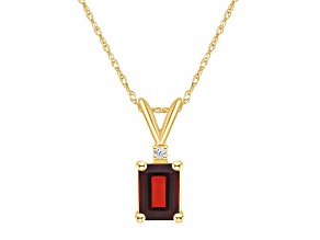 7x5mm Emerald Cut Garnet with Diamond Accent 14k Yellow Gold Pendant With Chain