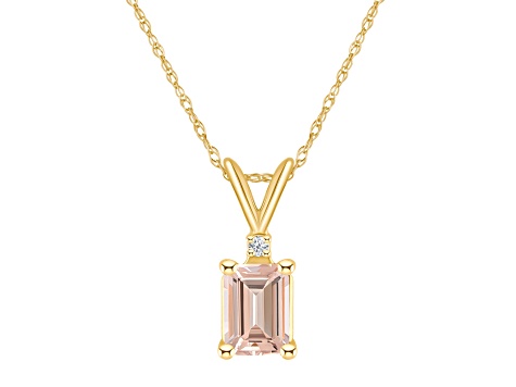 7x5mm Emerald Cut Morganite with Diamond Accent 14k Yellow Gold Pendant With Chain