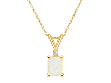 Picture of 7x5mm Emerald Cut Opal with Diamond Accent 14k Yellow Gold Pendant With Chain