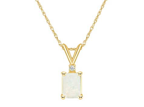 7x5mm Emerald Cut Opal with Diamond Accent 14k Yellow Gold Pendant With Chain