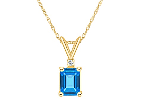 7x5mm Emerald Cut Blue Topaz with Diamond Accent 14k Yellow Gold Pendant With Chain