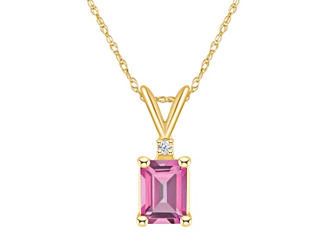 7x5mm Emerald Cut Pink Topaz with Diamond Accent 14k Yellow Gold Pendant With Chain