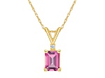 7x5mm Emerald Cut Pink Topaz with Diamond Accent 14k Yellow Gold Pendant With Chain