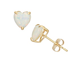 Lab Created Opal Heart Shape 10K Yellow Gold Stud Earrings, 0.66ctw
