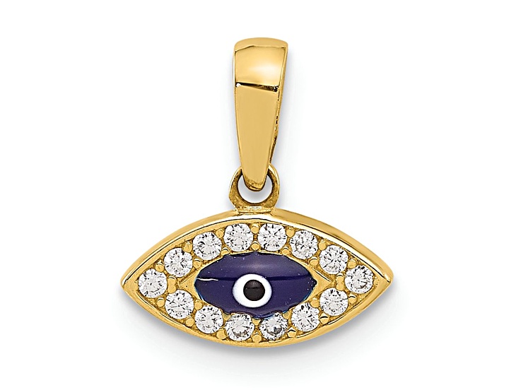 14k Yellow Gold Polished Cubic Zirconia and Multi-Color Enamel Evil Eye Pendant