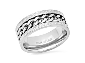 Men's Stainless Steel Cuban Chain Inlay and Greek Key Accents Band Ring