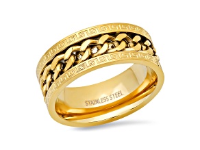 Men's 18K Gold Over Stainless Steel Cuban Chain Inlay and Greek Key Accent Band Ring