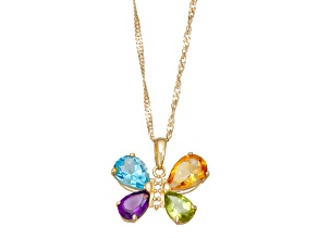 Multi-Color Multi Gemstone 10K Yellow Gold Butterfly Pendant With Chain 1.77ctw