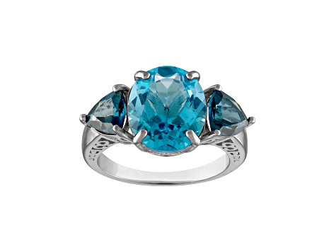 Swiss Blue and London Blue Topaz Sterling Silver 3-Stone Ring 7.70ctw
