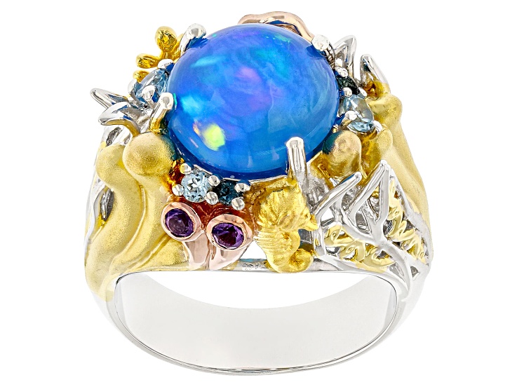 Blue Paraiba Opal and Multi Gemstone Rhodium, 18k Rose & 24K Gold Over Palladium Silver Ring 3.69ctw