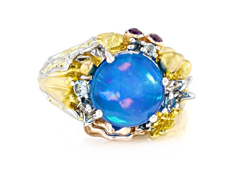 Blue Paraiba Opal and Multi Gemstone Rhodium, 18k Rose & 24K Gold Over Palladium Silver Ring 3.69ctw