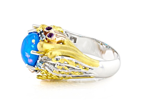 Blue Paraiba Opal and Multi Gemstone Rhodium, 18k Rose & 24K Gold Over Palladium Silver Ring 3.69ctw