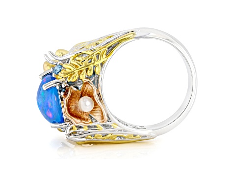 Blue Paraiba Opal and Multi Gemstone Rhodium, 18k Rose & 24K Gold Over Palladium Silver Ring 3.69ctw