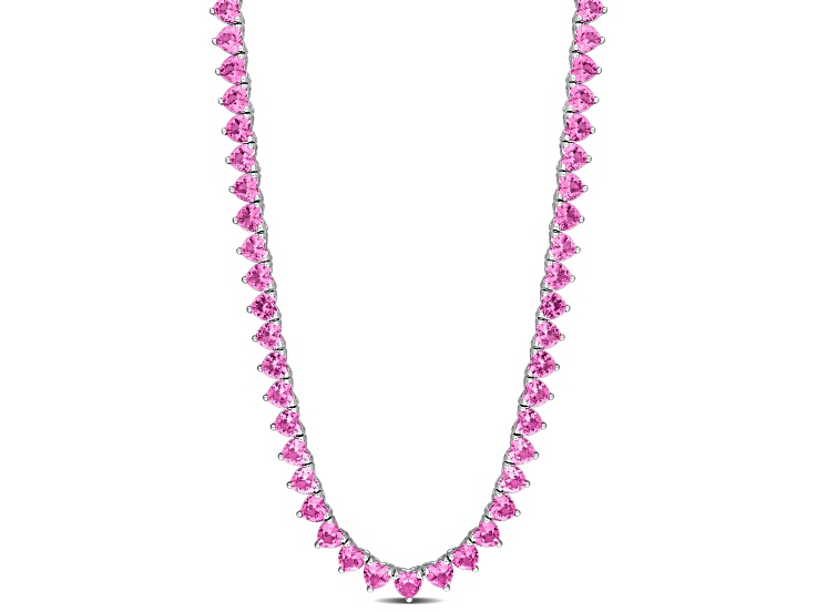 Created Pink Sapphire Sterling Silver Tennis Necklace 31.2