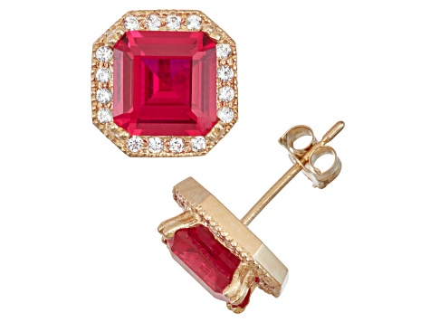 Red Lab Created Ruby 10K Yellow Gold Stud Earrings 4.24ctw