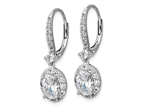 Rhodium Over Sterling Silver Oval Cubic Zirconia Halo Dangle Leverback Earrings