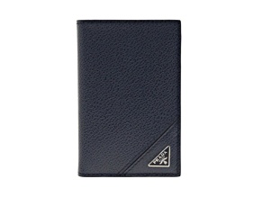 Prada Vitello Grain Blue Leather Triangle Logo Vertical Bifold Wallet
