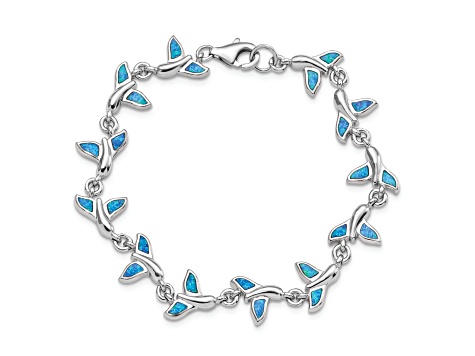 Rhodium Over Sterling Silver Lab Created Opal Whale Tail 7.75 Inch Bracelet