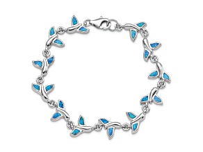 Rhodium Over Sterling Silver Lab Created Opal Whale Tail 7.75 Inch Bracelet